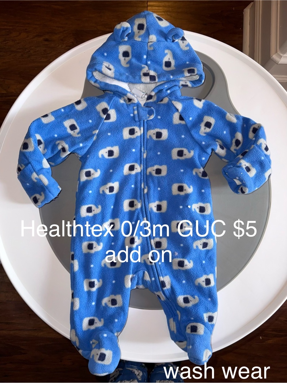 healthtex Blue Hooded Fleece Baby One-Piece with Elephant Print